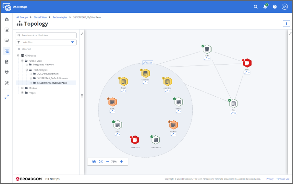 DX NetOps Global Topology end-to-end visualization of SilverPeak SD-WAN deployment