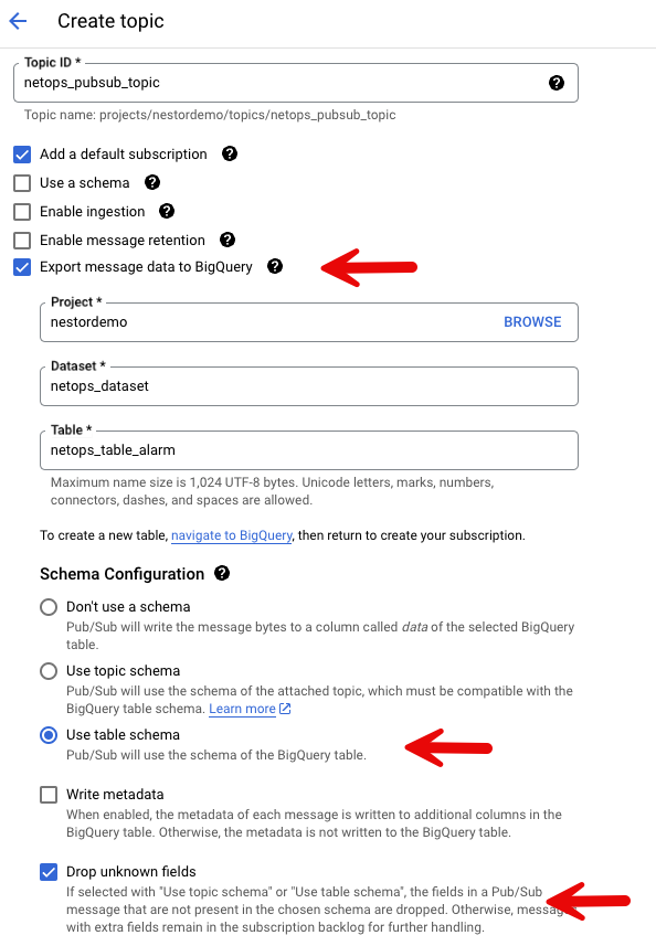 Figure 5: Topic configuration in BigQuery.