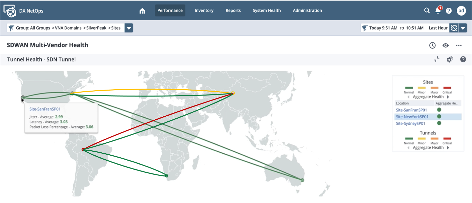 Interactive SD-WAN geo map delivers real-time WAN status and performance.