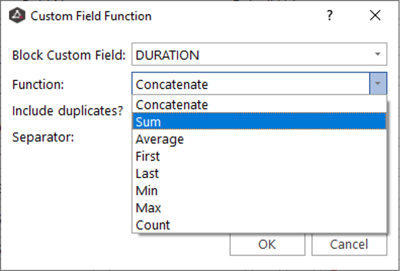 Create a Custom field named DURATION and use the Sum function to calculate the sum of the Block durations.